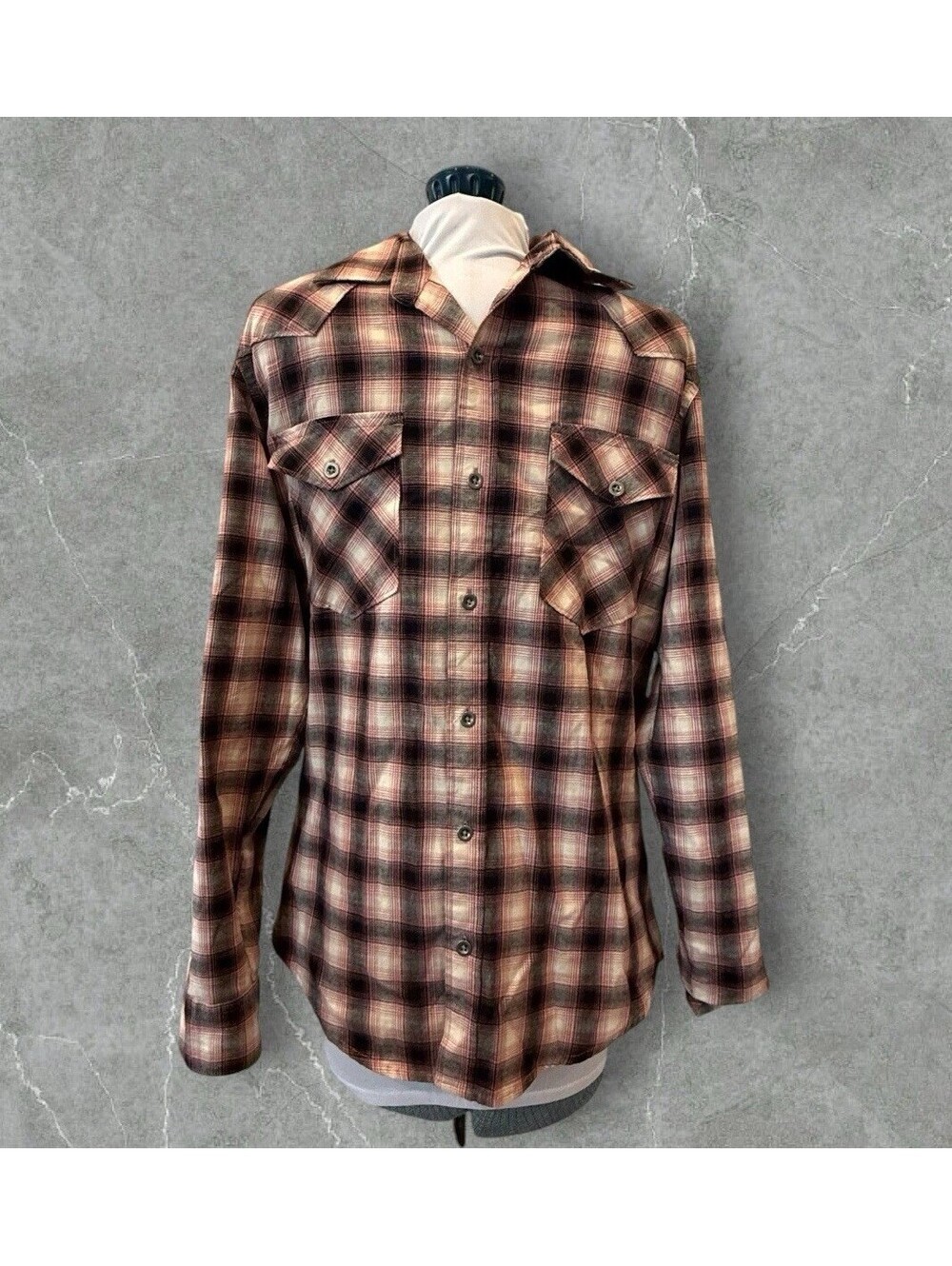 Wrangler Premium Men's Large Brown Plaid Button Up Long Sleeve Shirt 2 Pocket
